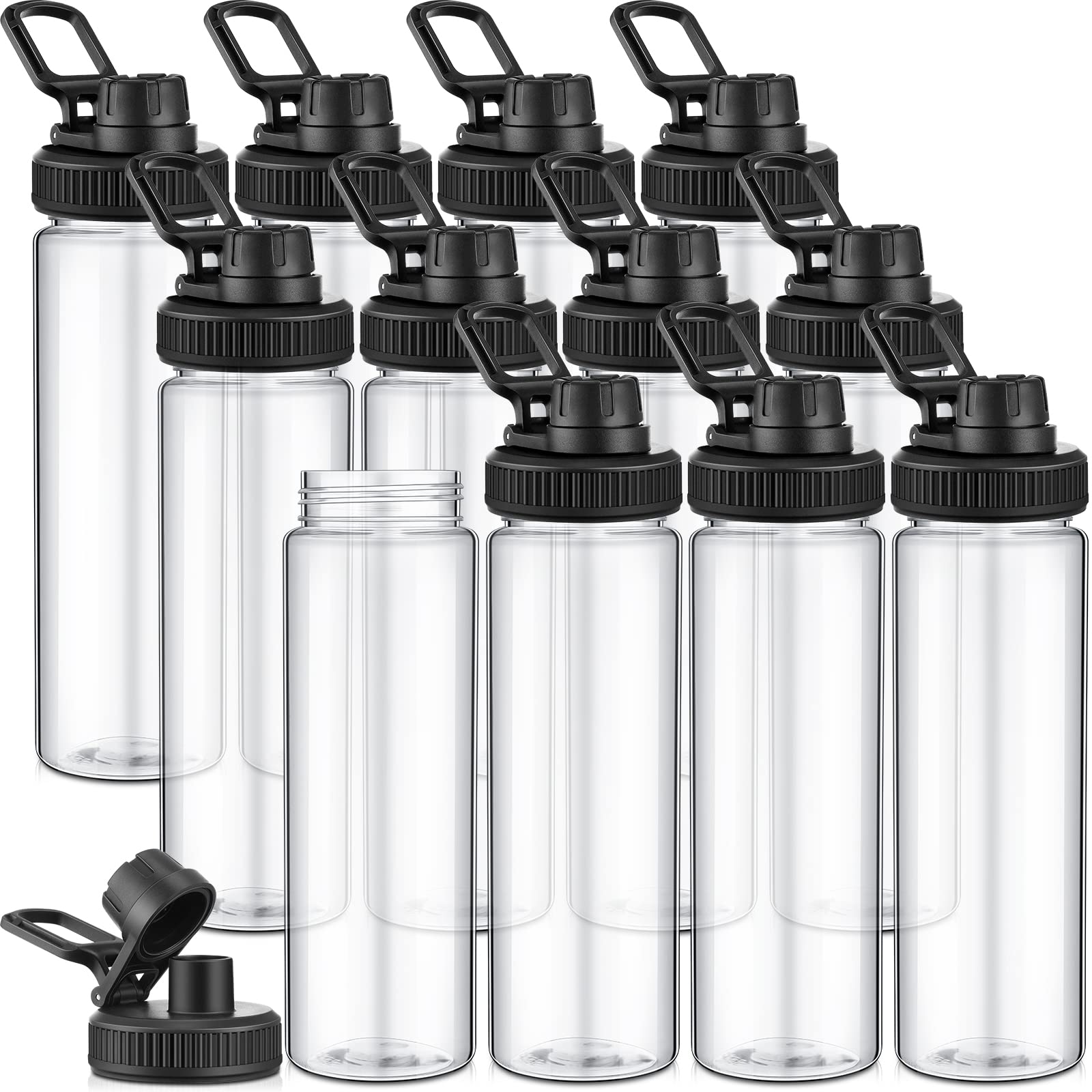 Raiten 24 oz Clear Plastic Sports Water Bottle with Spout Lid, 12 Pack, Bulk, 24 oz