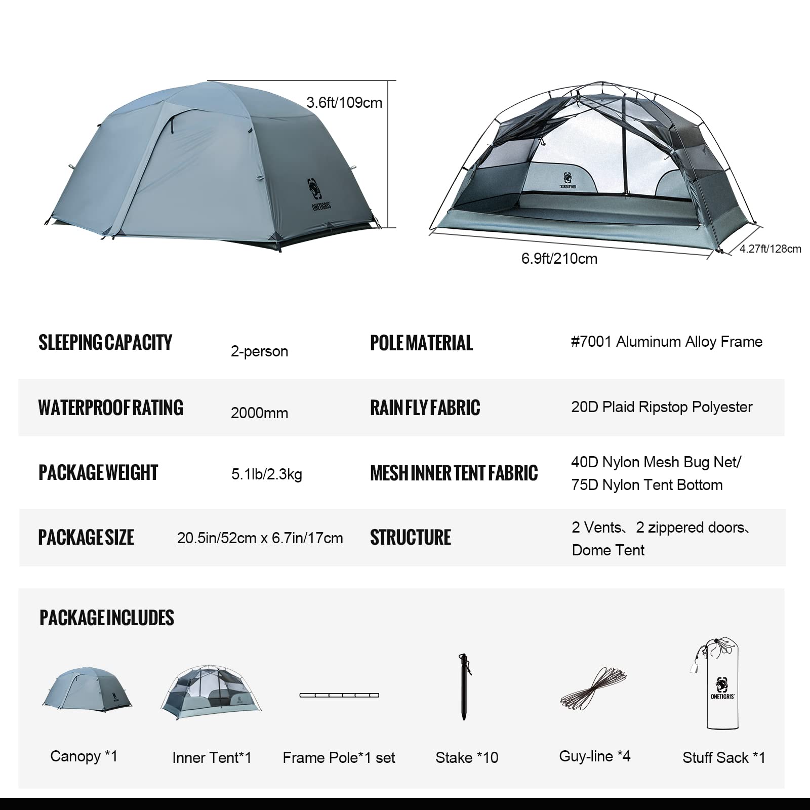 OneTigris COSMITTO 2 Person Backpacking Tent - Free Standing Lightweight Waterproof 3 Season Camping Tent for Outdoor Hiking Mountaineering