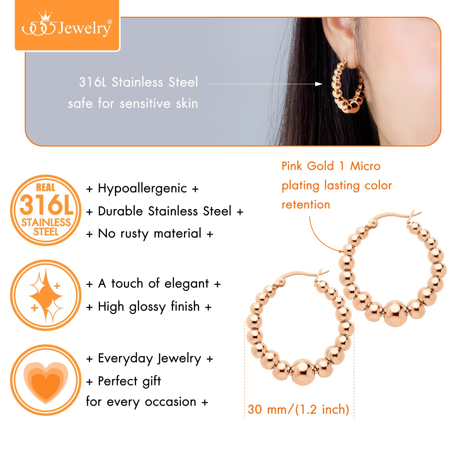 ‎555Jewelry Beaded Stainless Steel Hoop Earrings, Large Round Circle Beaded Steel Hoop Earrings, ‎Hoops Earrings for Women, Hypoallergenic Earrings for Women Hoops, Rose Gold