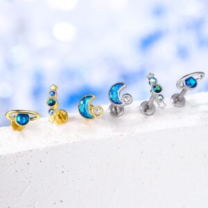 Melighting Labret Jewelry Internally Threaded 16G Blue Glitter Planet Labret Stud Stainless Steel 316L Moon Helix Earrings Star Tragus Conch Piercing Jewelry for Women