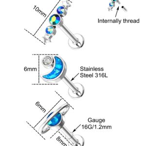 Melighting Labret Jewelry Internally Threaded 16G Blue Glitter Planet Labret Stud Stainless Steel 316L Moon Helix Earrings Star Tragus Conch Piercing Jewelry for Women