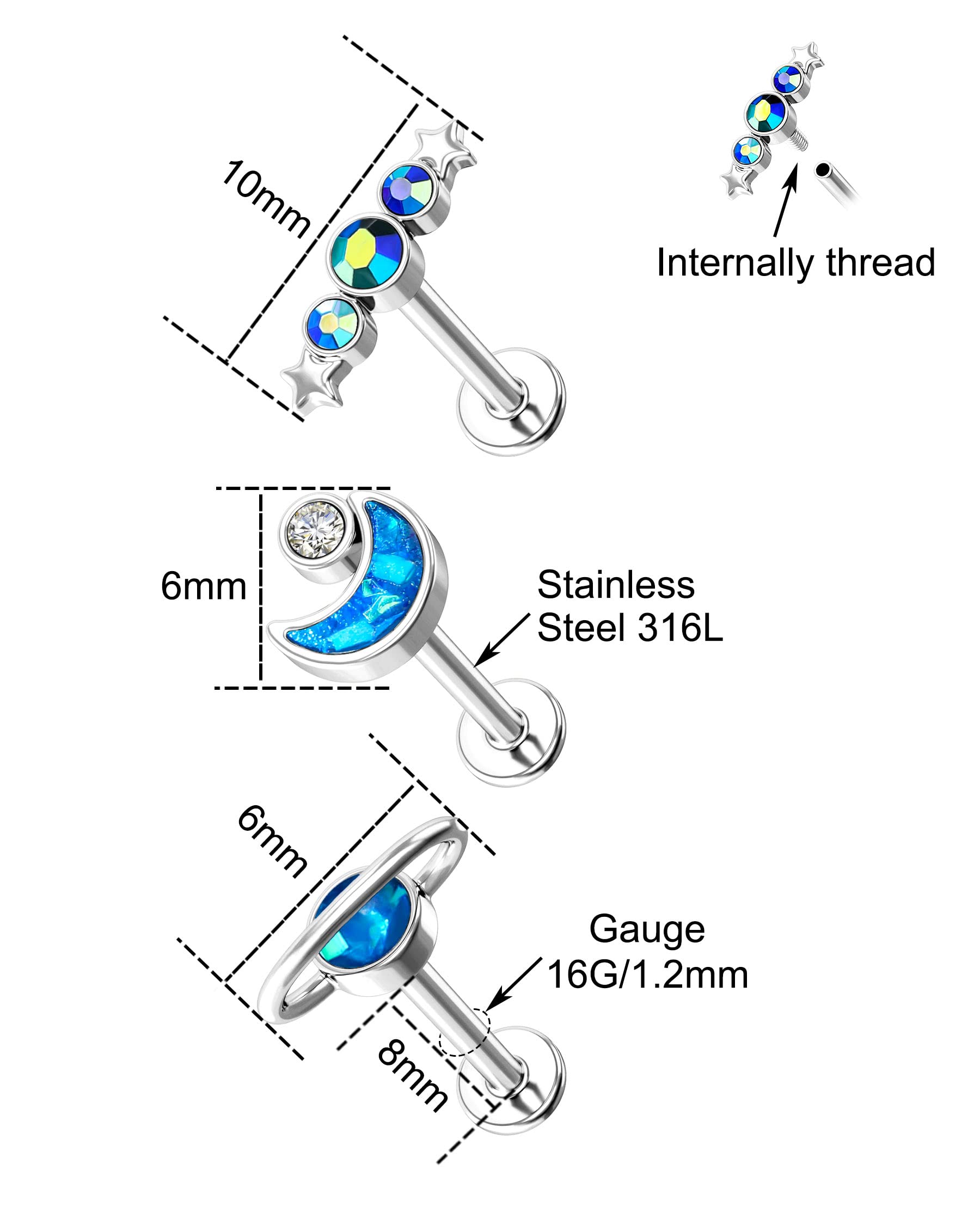 Melighting Labret Jewelry Internally Threaded 16G Blue Glitter Planet Labret Stud Stainless Steel 316L Moon Helix Earrings Star Tragus Conch Piercing Jewelry for Women