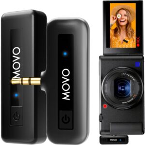 movo wireless mini camera microphone for video recording- 2.4ghz wireless transmitter with clip on lavalier microphone for dslr, mirrorless camera- compact lapel mic (164ft range, 10-hr battery life)