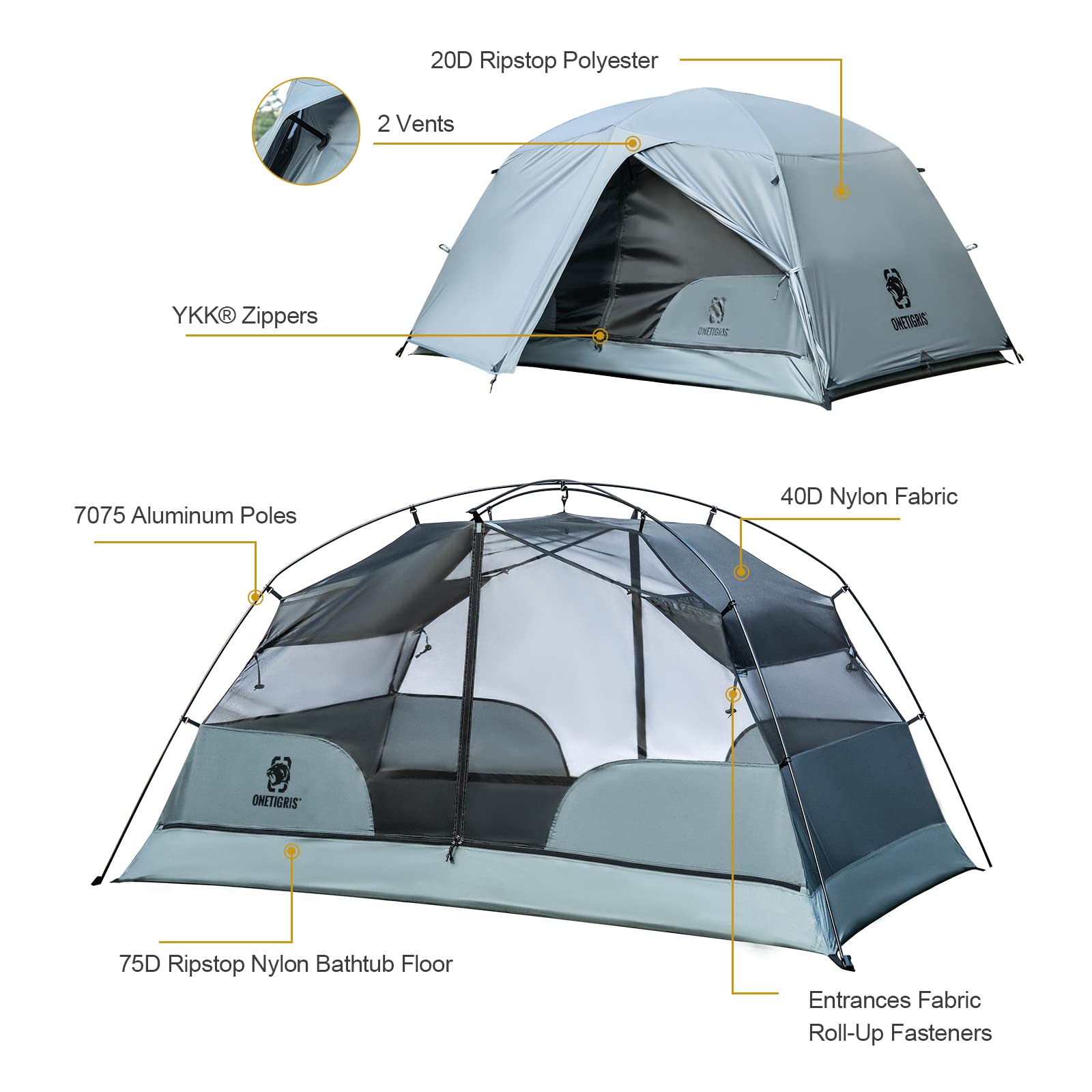 OneTigris COSMITTO 2 Person Backpacking Tent - Free Standing Lightweight Waterproof 3 Season Camping Tent for Outdoor Hiking Mountaineering