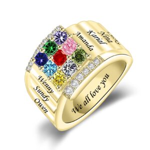 YOOURNEONS Personalized Sterling Silver Names Ring with 1-9 Simulated Birthstones for Women Free Engraving Family Rings for Mother Grandma Christmas Gifts for Her (9 stones)