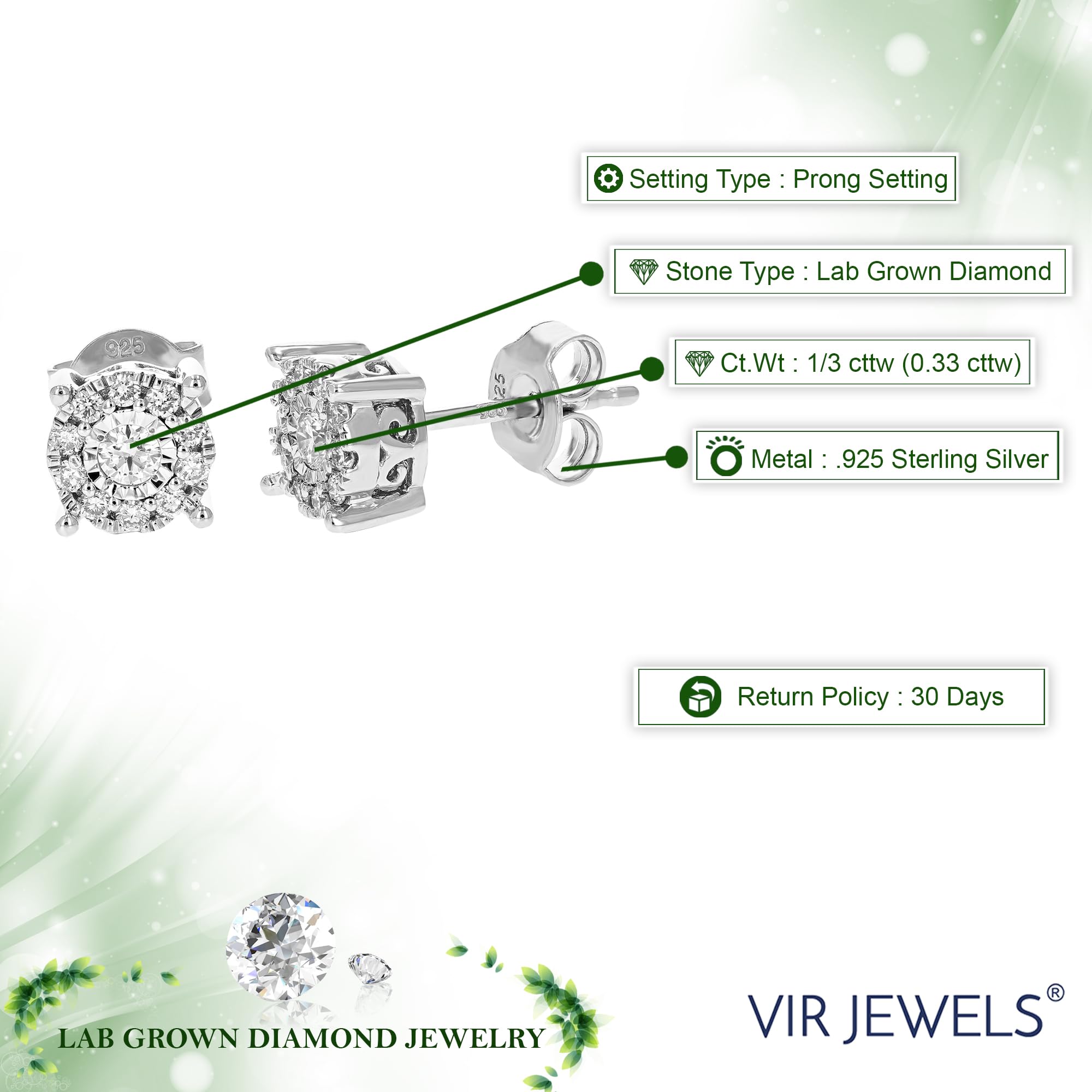 Vir Jewels 1/3 cttw Lab Grown Diamond Stud Earrings for Women Round in .925 Sterling Silver Prong Set