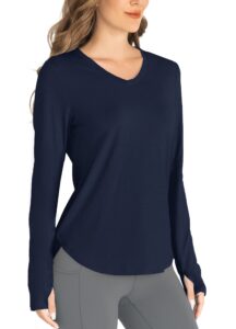 hiverlay long sleeve workout shirts for women v neck upf 50+ athletic shirts with thumbhole running loose active t-shirts navy blue m