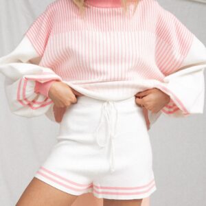 VDWIP Women's Casual Striped 2 Piece Knitted Outfits Crewneck Wide Leg Pullover Knit Shorts Sweater Set (White-M)