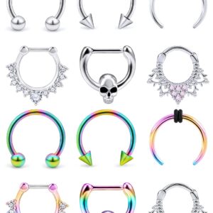 Tvalccoy 16g Septum Clicker Nose Rings Daith Dathe Earrings Smiley 16 Gauge Cute Silver Rainbow Surgical Stainless Steel Horseshoe Hoop Piercing Jewelry for Women Men Hypoallergenic 10mm Pack