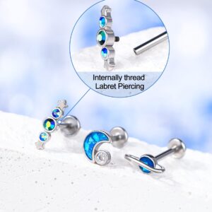 Melighting Labret Jewelry Internally Threaded 16G Blue Glitter Planet Labret Stud Stainless Steel 316L Moon Helix Earrings Star Tragus Conch Piercing Jewelry for Women