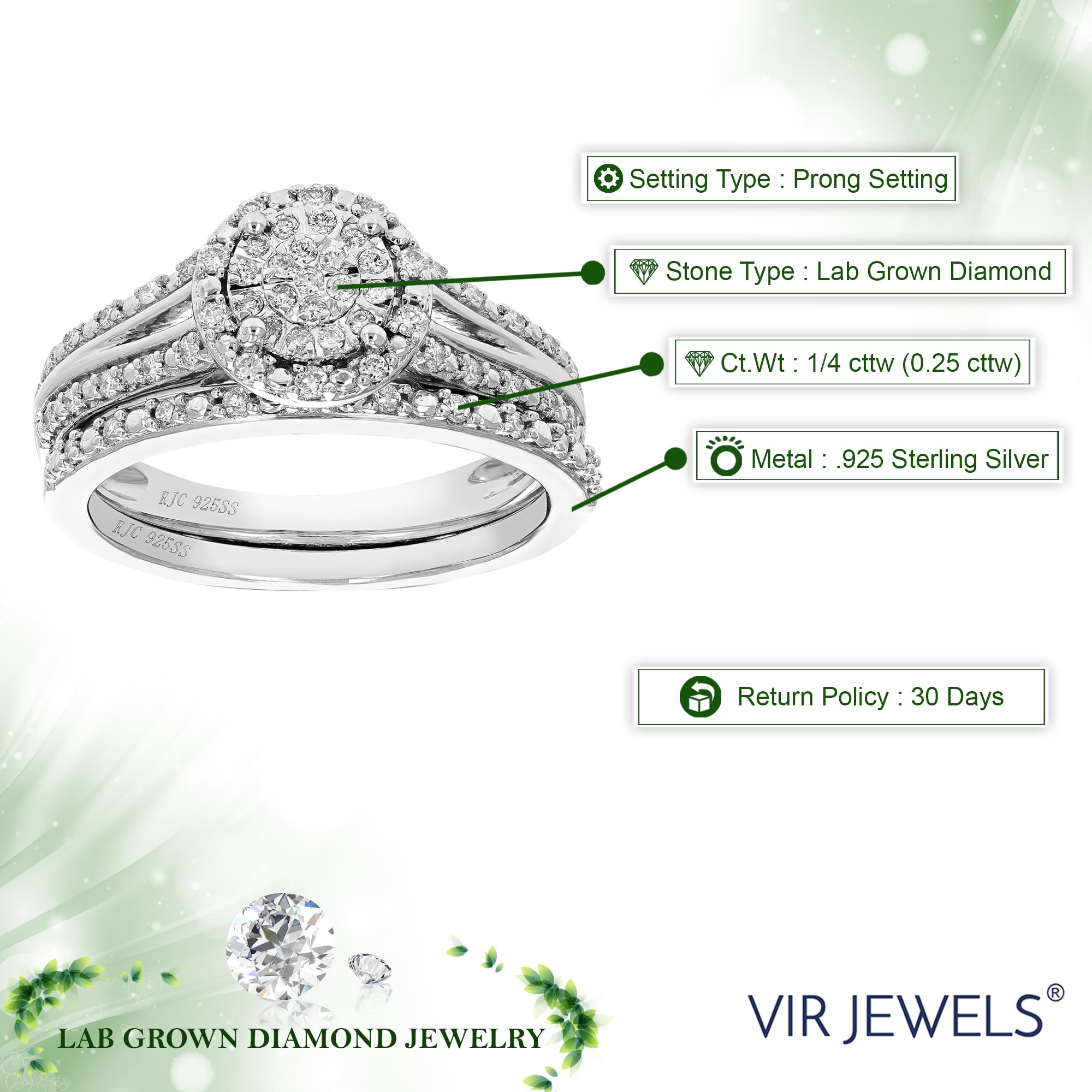 Vir Jewels 1/4 cttw Lab Grown Diamond Wedding Engagement Bridal Set Round for Women in .925 Sterling Silver Prong Set Size 6