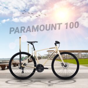 5Seconds Hybrid Bicycle Paramount 100 | Mountain Bike for Men, Women | 21-Speed, Lightweight Aluminum Alloy Frame, Adult Bike with Trigger Shifters and Mechanical Disc Brakes (Beige)