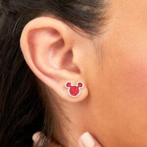 Disney Mickey Mouse Earrings - Silver Plated Mickey Mouse Stud Earrings with Red Glitter - Disney Jewelry for Women