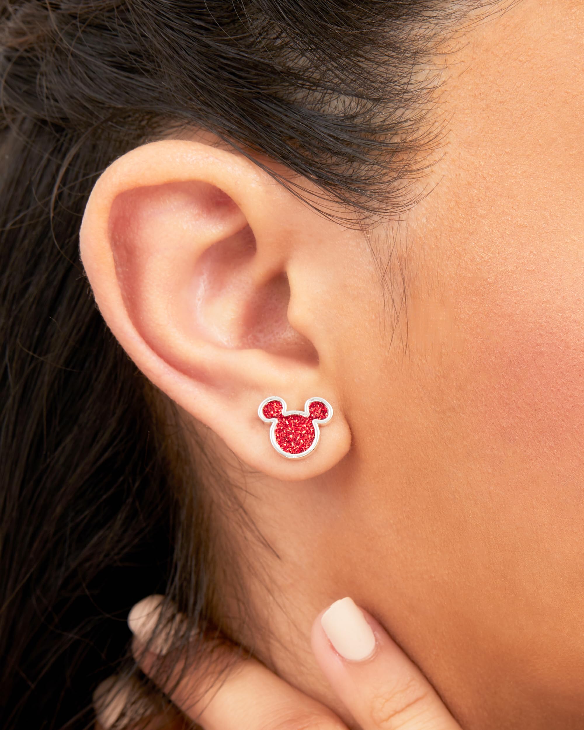 Disney Mickey Mouse Earrings - Silver Plated Mickey Mouse Stud Earrings with Red Glitter - Disney Jewelry for Women