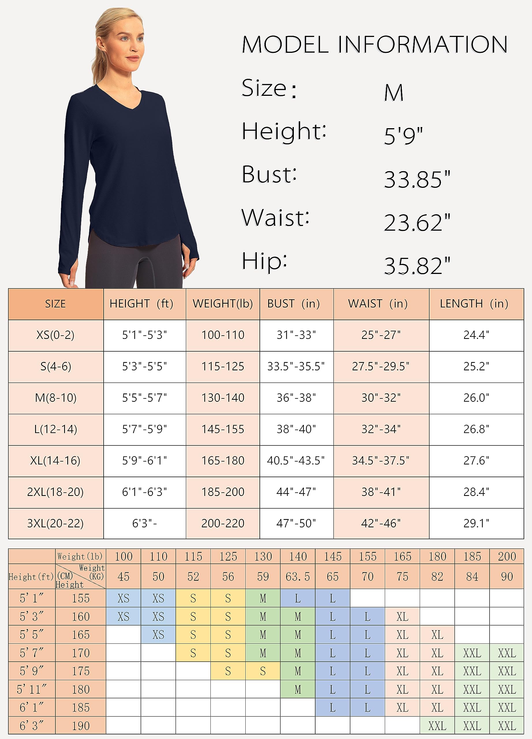 Hiverlay Long Sleeve Workout Shirts for Women V Neck UPF 50+ Athletic Shirts with Thumbhole Running Loose Active T-Shirts Navy Blue m