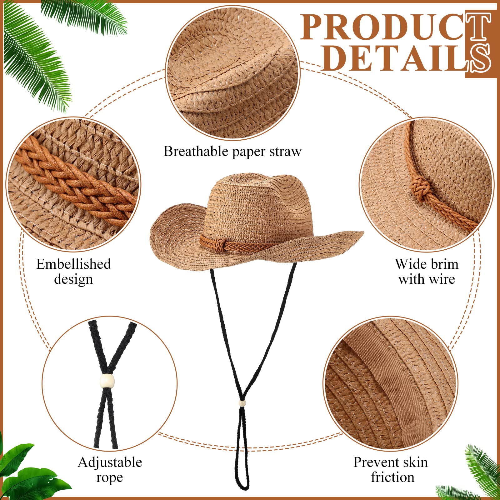 12 Pcs Straw Cowboy Hats for Women Men, Wide Brim Summer Hat Bulk Panama Sun Protection Hats for Western Themed Party Travel Decorations Brown