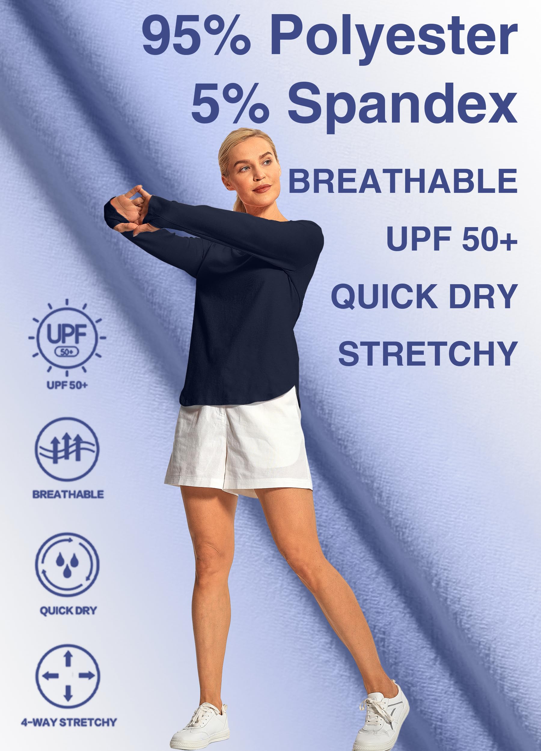 Hiverlay Long Sleeve Workout Shirts for Women V Neck UPF 50+ Athletic Shirts with Thumbhole Running Loose Active T-Shirts Navy Blue m