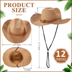 12 Pcs Straw Cowboy Hats for Women Men, Wide Brim Summer Hat Bulk Panama Sun Protection Hats for Western Themed Party Travel Decorations Brown