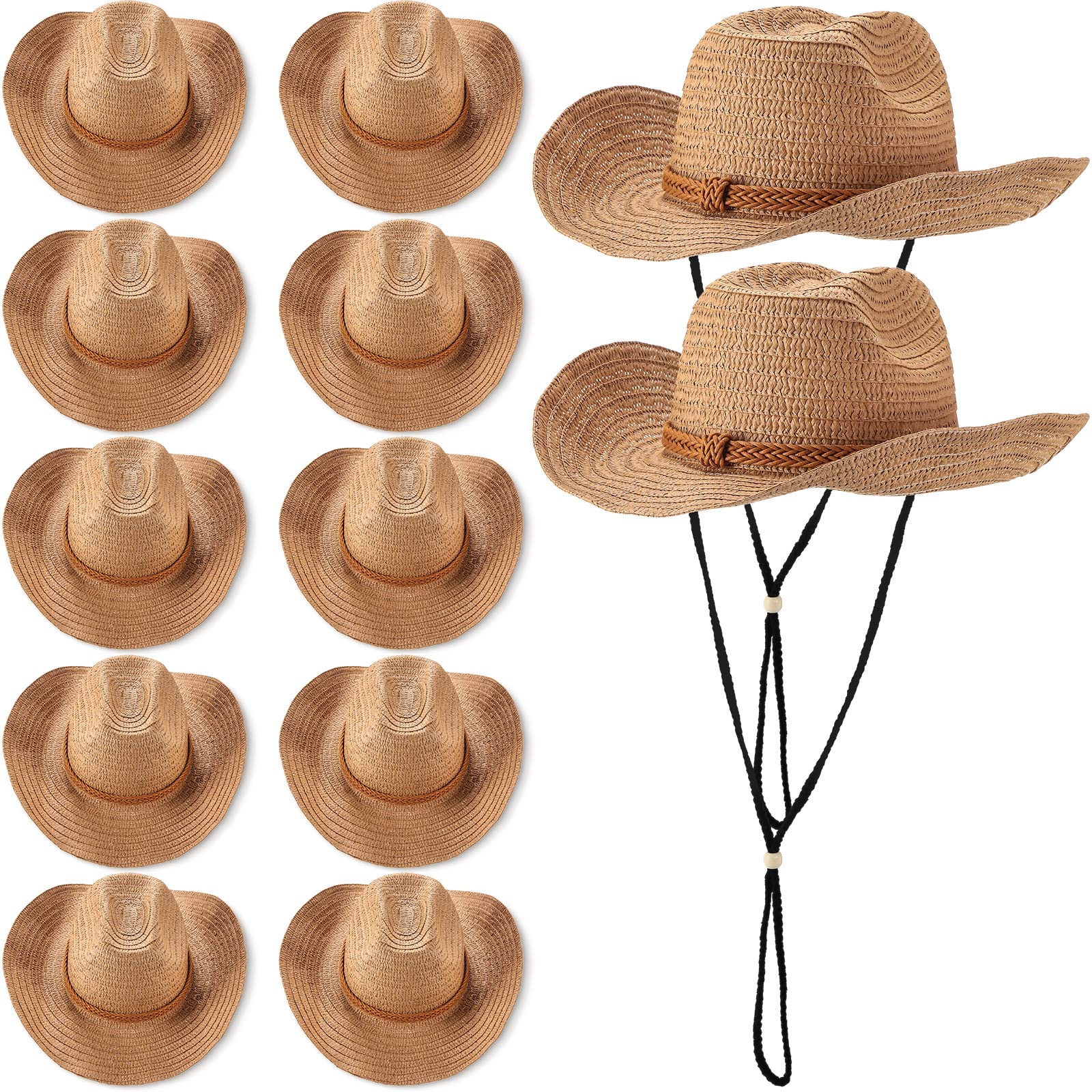 12 Pcs Straw Cowboy Hats for Women Men, Wide Brim Summer Hat Bulk Panama Sun Protection Hats for Western Themed Party Travel Decorations Brown