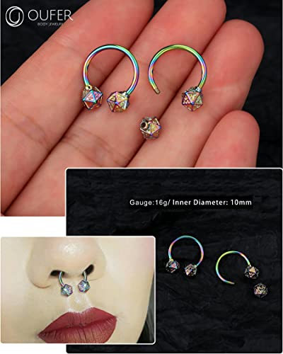 OUFER 16G Septum Rings, 316L Surgical Steel Septum Piercing Jewelry, Icosahedron Dice Cartilage Earrings, Helix Daith Conch Piercing Jewelry for Women and Men