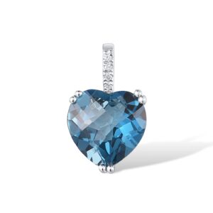 Santuzza 10K White Solid Gold Heart Shape London Blue Topaz Genuine Diamond Dainty Pendant Without Chain for Women