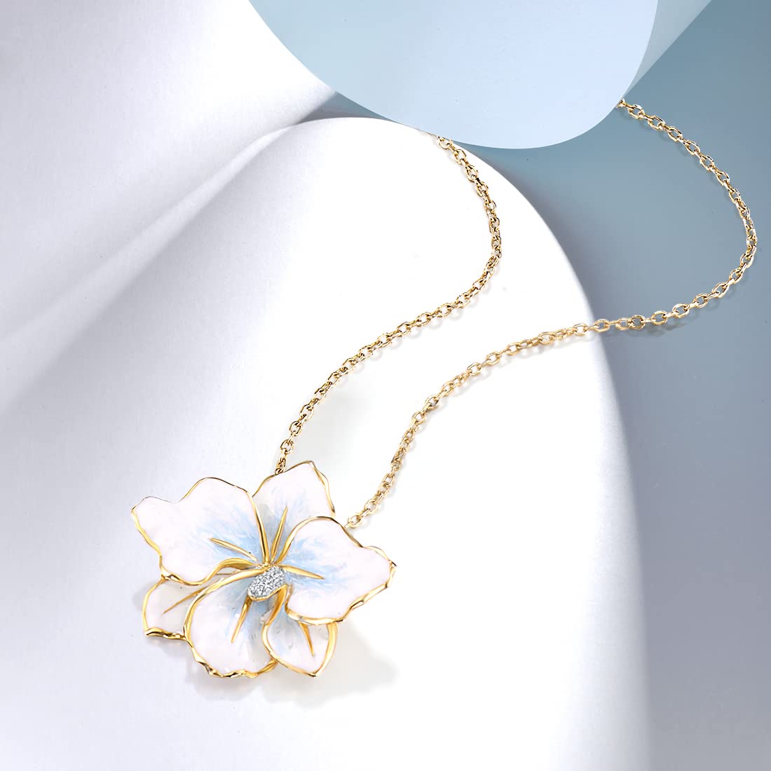 Santuzza 10K Yellow Solid Gold Enamel White Flower Pendant Lily Diamond Dainty Pendant Without Chain for Women