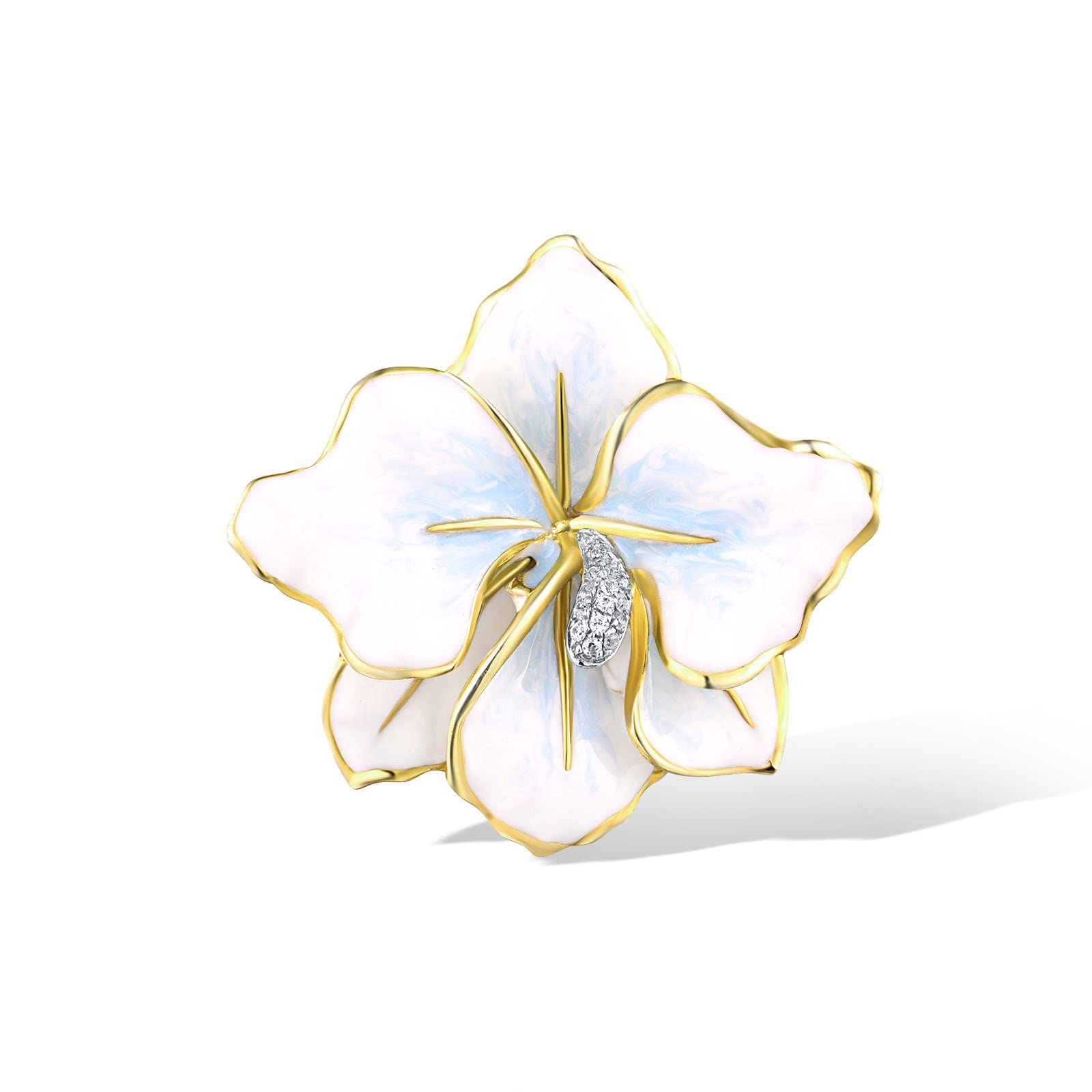 Santuzza 10K Yellow Solid Gold Enamel White Flower Pendant Lily Diamond Dainty Pendant Without Chain for Women