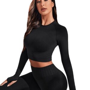 SweatyRocks Women's Yoga Exercise Sport Crop Tops Long Sleeve Thumb Holes Slim Fit Solid Running Gym Tee Shirts Black L