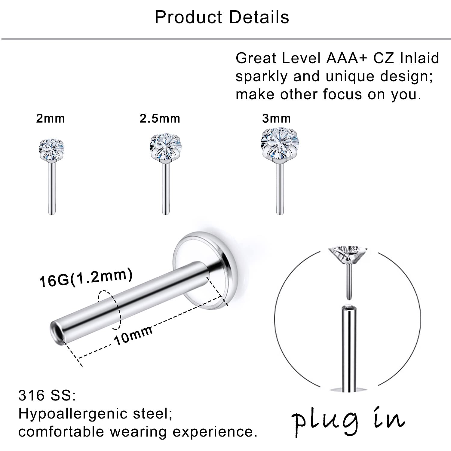 Lcolyoli 16G Threadless Push in Nose Rings Studs for Women Diamond CZ 2mm 2.5mm 3mm Surgical Steel Cartilage Earrings Tragus Earrings Helix Piercing Jewelry Threadless Earring 10mm 3/8inch