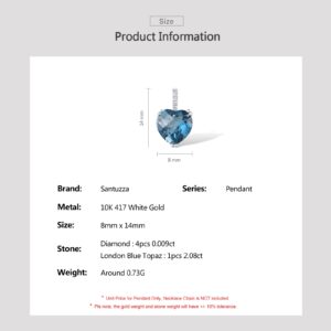 Santuzza 10K White Solid Gold Heart Shape London Blue Topaz Genuine Diamond Dainty Pendant Without Chain for Women