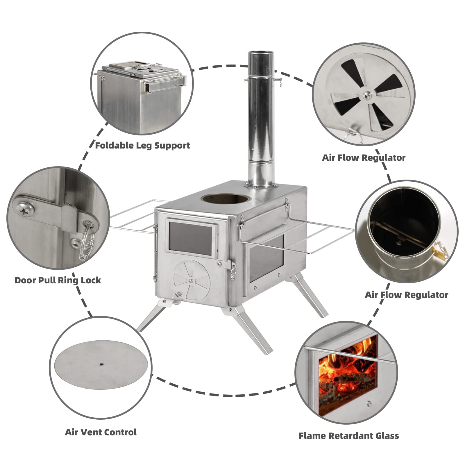COEWSKE Wood Tent Stove, Hot Tent Stove Wood Burning Heater for Camping, Small Portable Ultralight Tent Stove Stainless Steel with Chimney Pipes for Outdoor, Camping, Cooking, Heating, Indoor