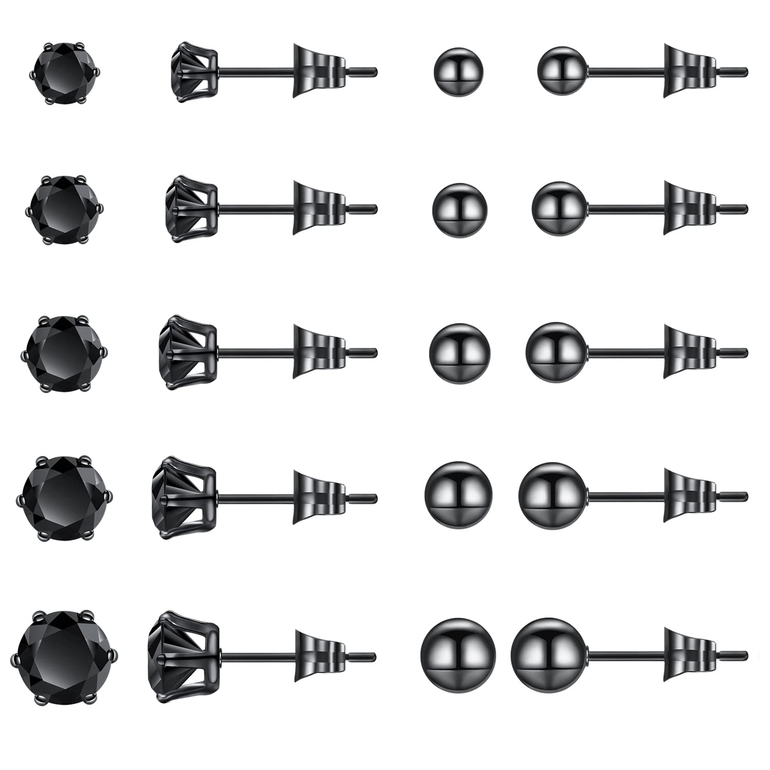 ENVYOU Flat Back Cartilage Stud Earrings Hypoallergenic Surgical Stainless Steel Screw on Back Earring Tragus Piercing Jewelry for Women (Black 10 Pairs)