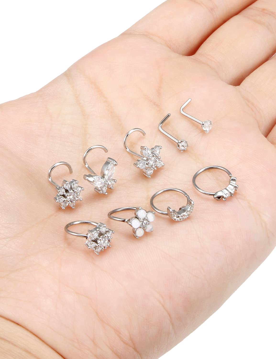 Oicctyzio Nose Rings Hoops Piercings for Women Studs Piercing Jewelry Surgical Stainless Steel 20g Corkscrew l Shaped Screw Shape Cork Bar Big Dainty Curved Stuf 20 Gauge Butterfly Opal Heart