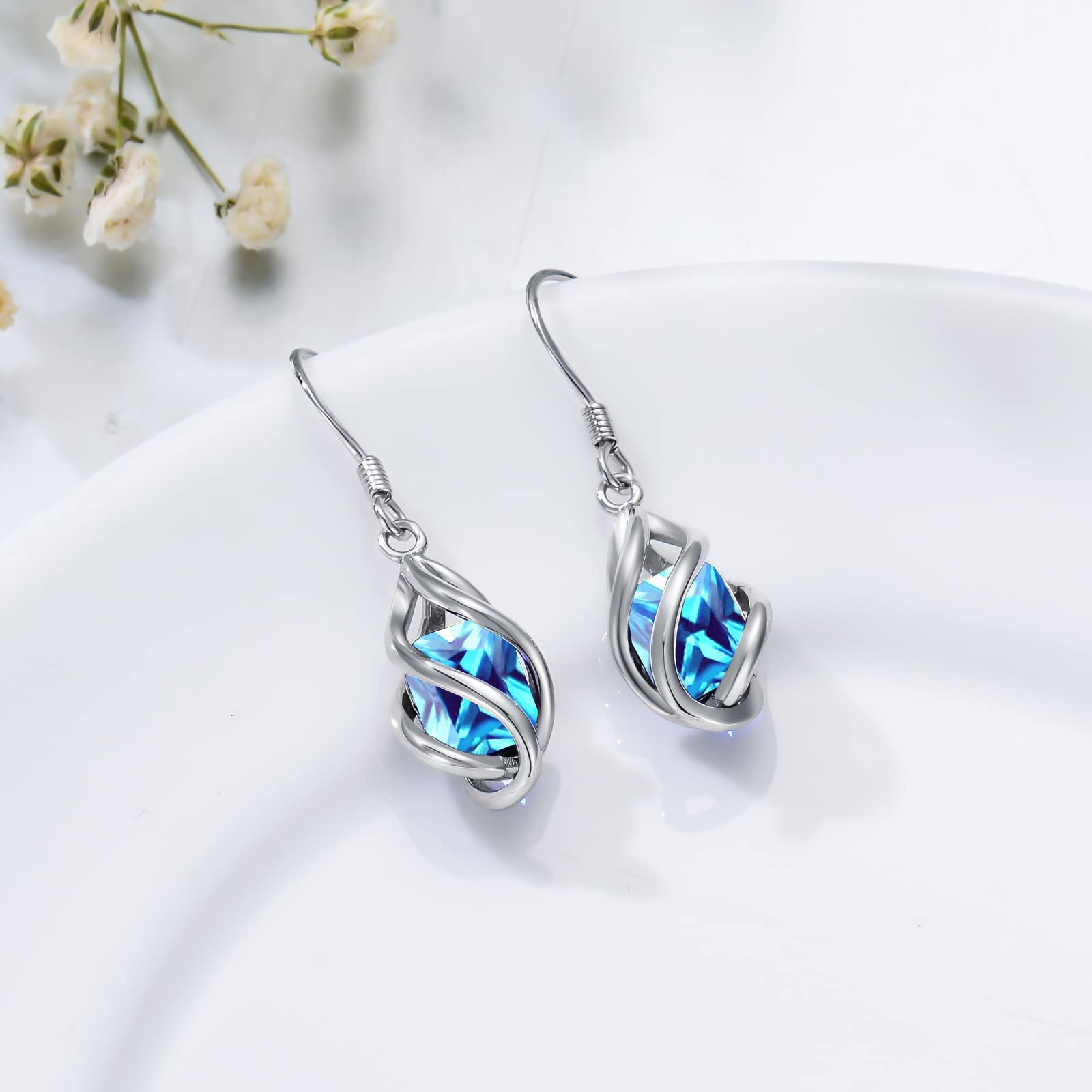 December Birthstone Earrings 925 Sterling Silver Created Blue Topaz Dangle Drop Earrings for Women Birthday Anniversary Jewelry Gifts for Women