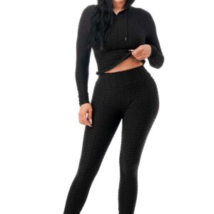 Workout Gym Bodycon Yoga Outfit 2 Piece Hoodie Set Leggings Bodysuit Plus Size (2pc Set: Black, Medium)