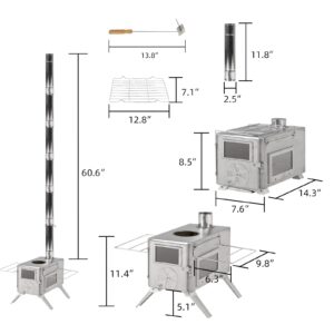 COEWSKE Wood Tent Stove, Hot Tent Stove Wood Burning Heater for Camping, Small Portable Ultralight Tent Stove Stainless Steel with Chimney Pipes for Outdoor, Camping, Cooking, Heating, Indoor