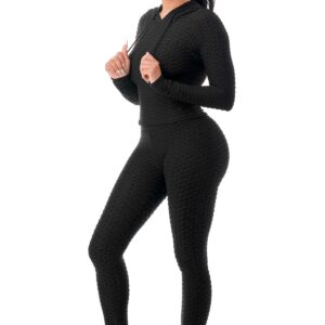 Workout Gym Bodycon Yoga Outfit 2 Piece Hoodie Set Leggings Bodysuit Plus Size (2pc Set: Black, Medium)