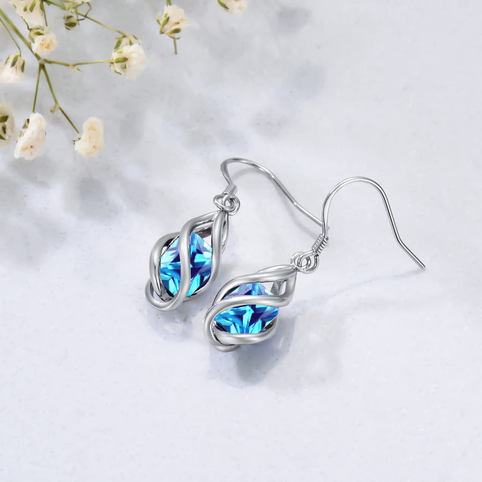 December Birthstone Earrings 925 Sterling Silver Created Blue Topaz Dangle Drop Earrings for Women Birthday Anniversary Jewelry Gifts for Women