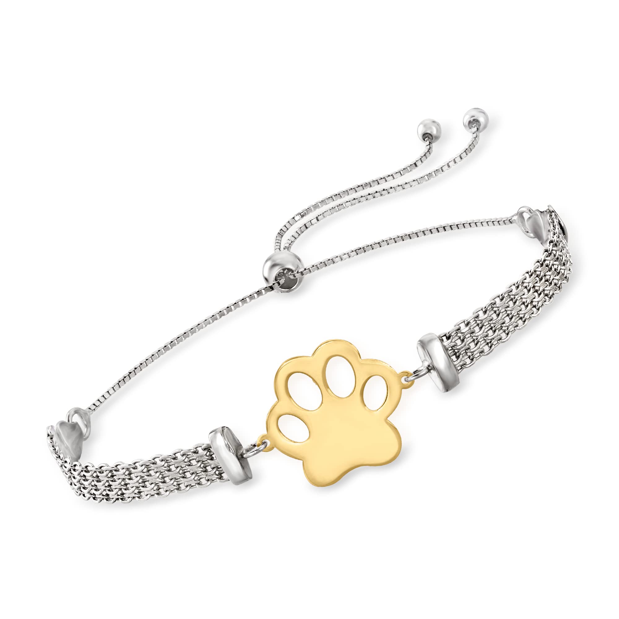 Ross-Simons Two-Tone Sterling Silver Paw Print Bismark-Link Bolo Bracelet