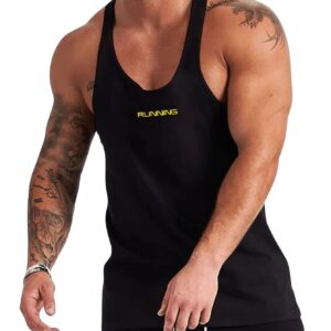 GORGLITTER Men's Letter Graphic Y-Back Muscle Tank Top Scoop Neck Gym Workout Shirt Black Medium