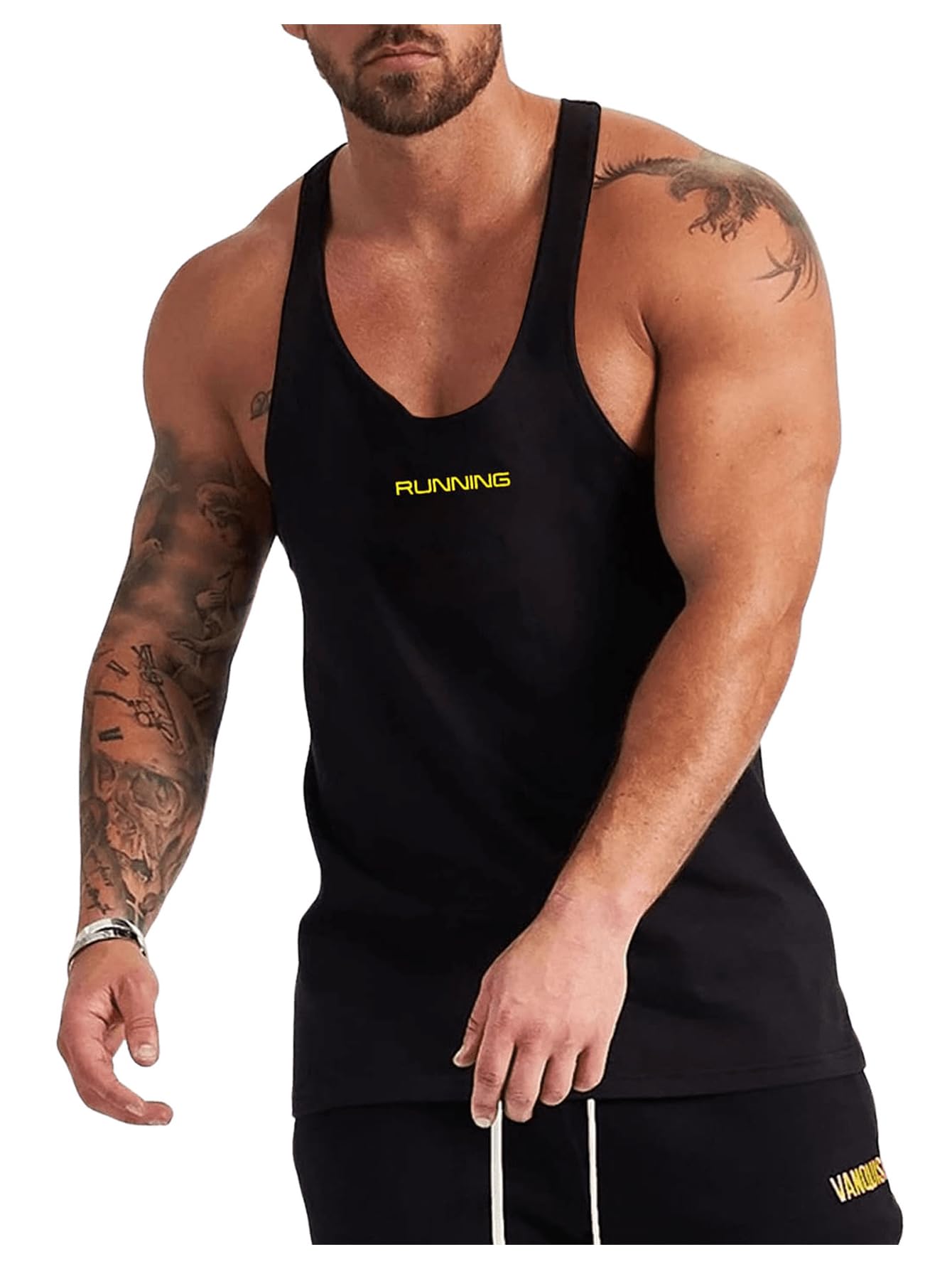 GORGLITTER Men's Letter Graphic Y-Back Muscle Tank Top Scoop Neck Gym Workout Shirt Black Medium