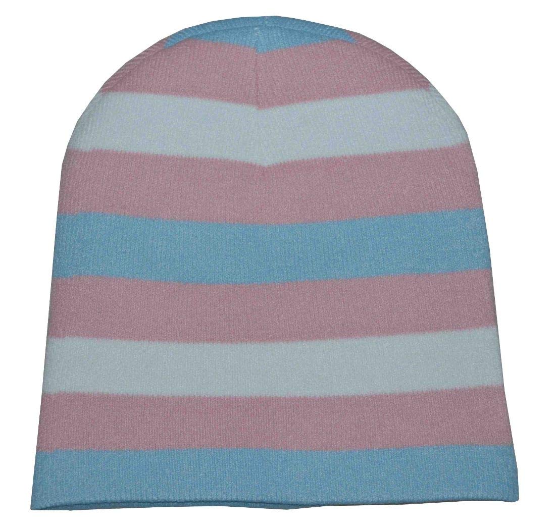 Nayt Striped 8" Short Cuffless Beanie Hat Pink Blue White