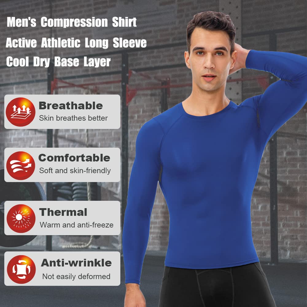 EARGFM Men's Athletic Long Sleeve Compression Shirts Active Running Workout Base Layer Elastic Sports Tops Cool Dry T-Shirts Blue