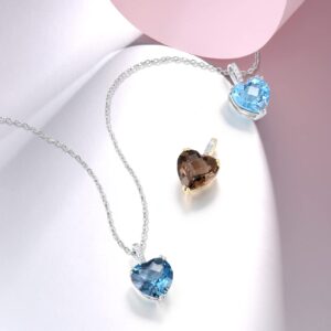 Santuzza 10K White Solid Gold Heart Shape London Blue Topaz Genuine Diamond Dainty Pendant Without Chain for Women