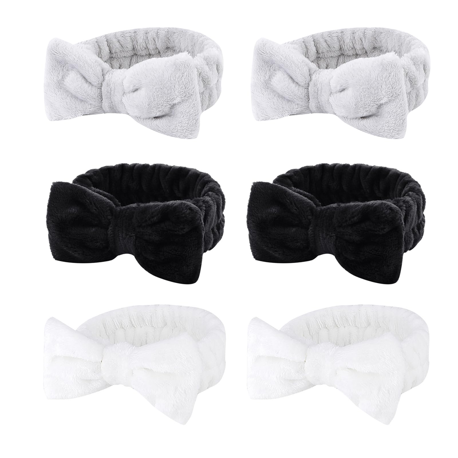 Casoty 6 Pcs Hair Band, Soft Coral Fleece Spa Headbands for Washing Face, Bow Hair Band, Makeup Headband, Skincare Headbands, Yoga, One Size Fits All, Grey, White, Black