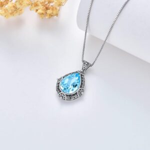 Seiyang 925 Sterling Silver Aquamarine Pendant for Women Filigree Teardrop Necklace Aquamarine Necklaces March Birthstone Necklace Anniversary Birthday Jewelry Gifts for Women Wife Mom Lady Her