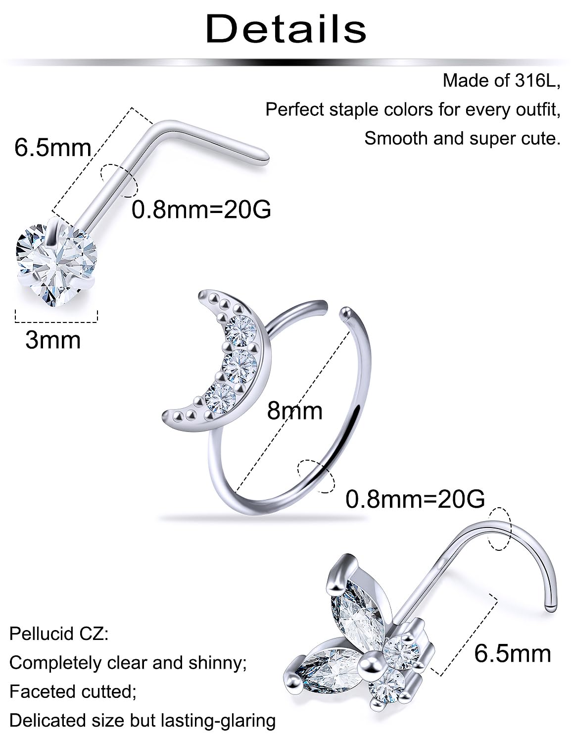 Oicctyzio Nose Rings Hoops Piercings for Women Studs Piercing Jewelry Surgical Stainless Steel 20g Corkscrew l Shaped Screw Shape Cork Bar Big Dainty Curved Stuf 20 Gauge Butterfly Opal Heart