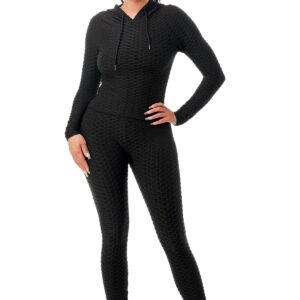 Workout Gym Bodycon Yoga Outfit 2 Piece Hoodie Set Leggings Bodysuit Plus Size (2pc Set: Black, Medium)