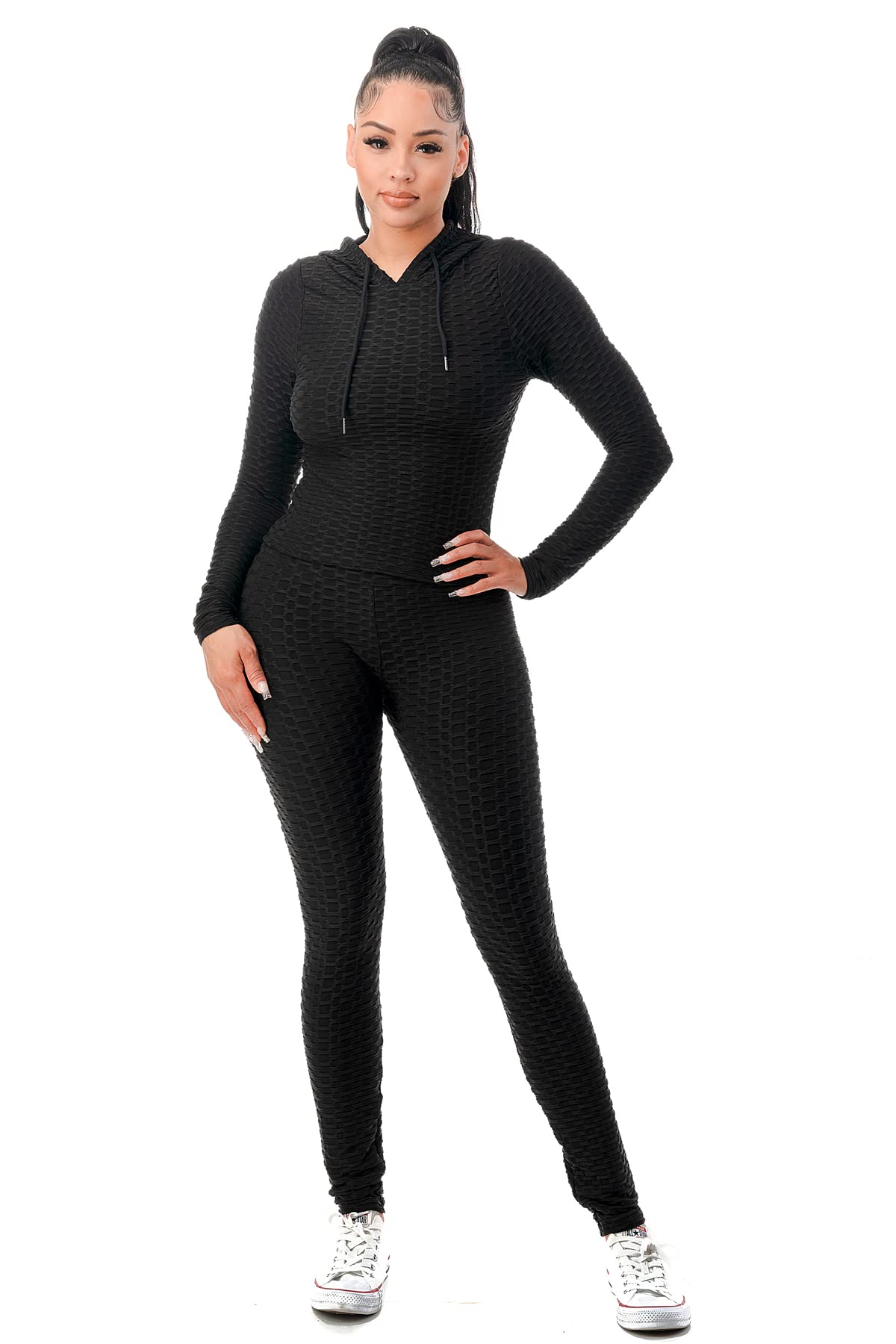 Workout Gym Bodycon Yoga Outfit 2 Piece Hoodie Set Leggings Bodysuit Plus Size (2pc Set: Black, Medium)