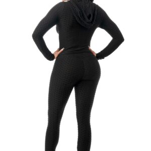 Workout Gym Bodycon Yoga Outfit 2 Piece Hoodie Set Leggings Bodysuit Plus Size (2pc Set: Black, Medium)